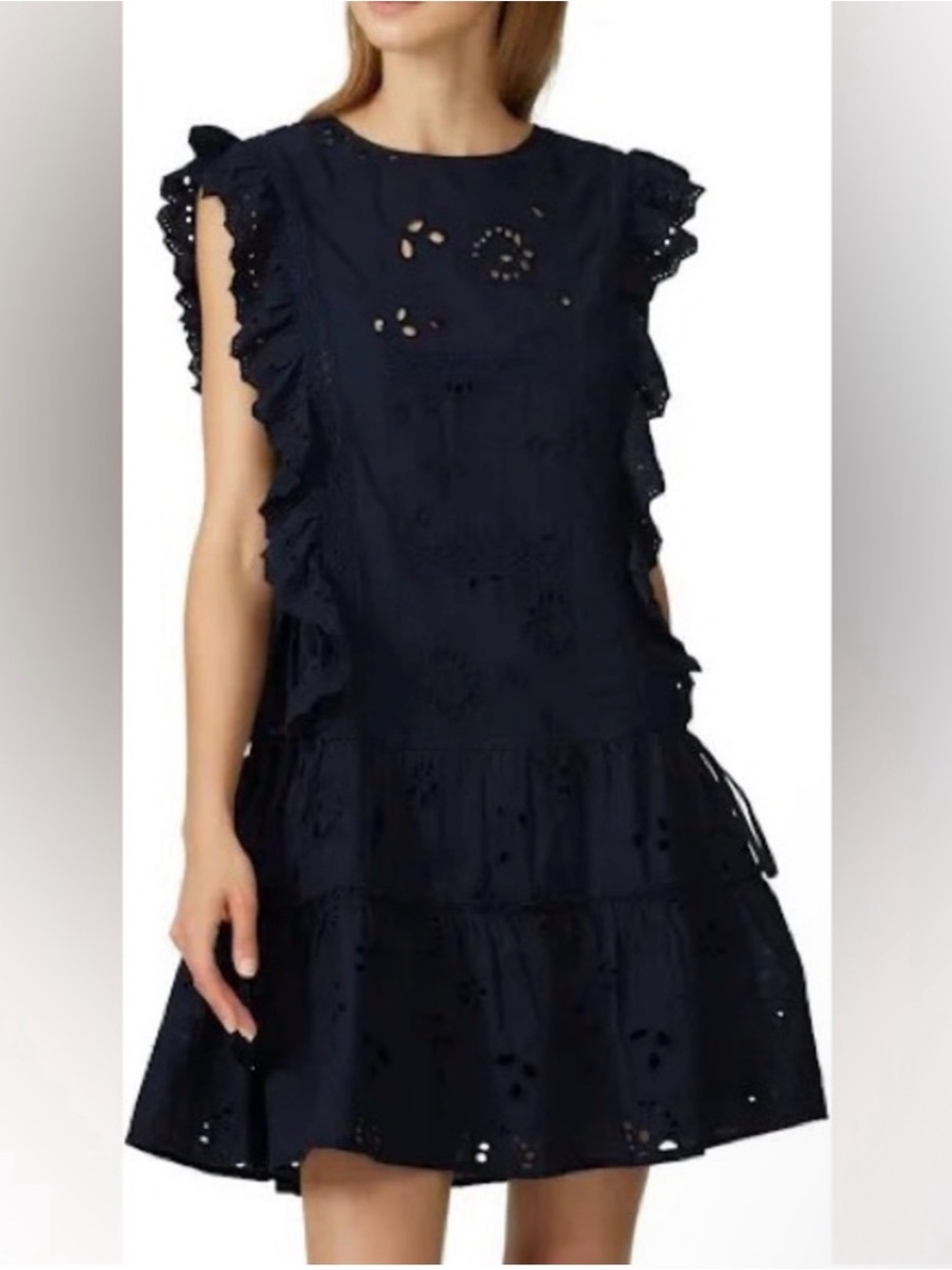 Misa Los Angeles Navy Eyelet Ruffle Mini Dress